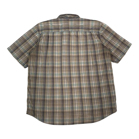 Back view of a Carhartt short sleeve work shirt in sage green and beige plaid from Digg It Thrift & Vintage
