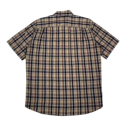 Back view of a Digg It Thrift & Vintage Carhartt beige and brown plaid short sleeve work shirt in size large.