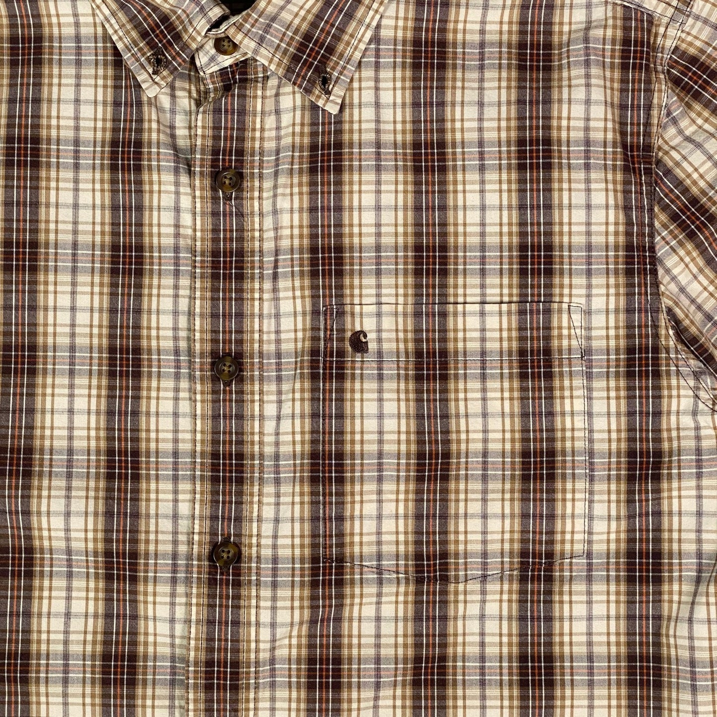 Digg It Thrift & Vintage Carhartt brown and cream plaid short sleeve button-down work shirt with chest pocket