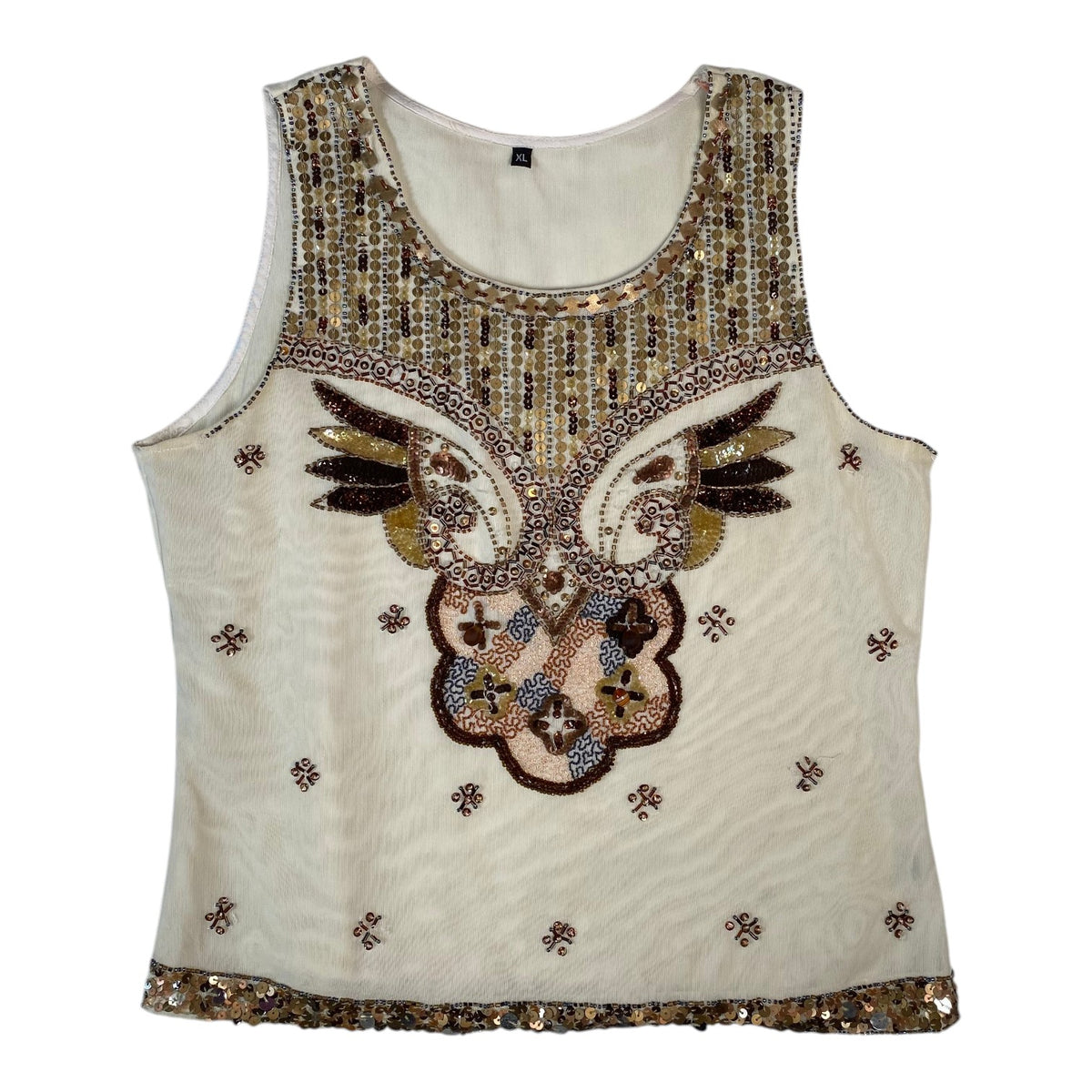 Digg It Thrift & Vintage cream mesh tank top with intricate gold sequin and beaded wing-inspired embellishments