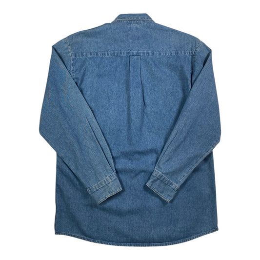 Back view of a Digg It Thrift & Vintage Dickies blue denim long sleeve button down shirt, size medium.