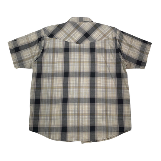 Back view of a Digg It Thrift & Vintage Dickies plaid short sleeve western snap work shirt in beige and black.
