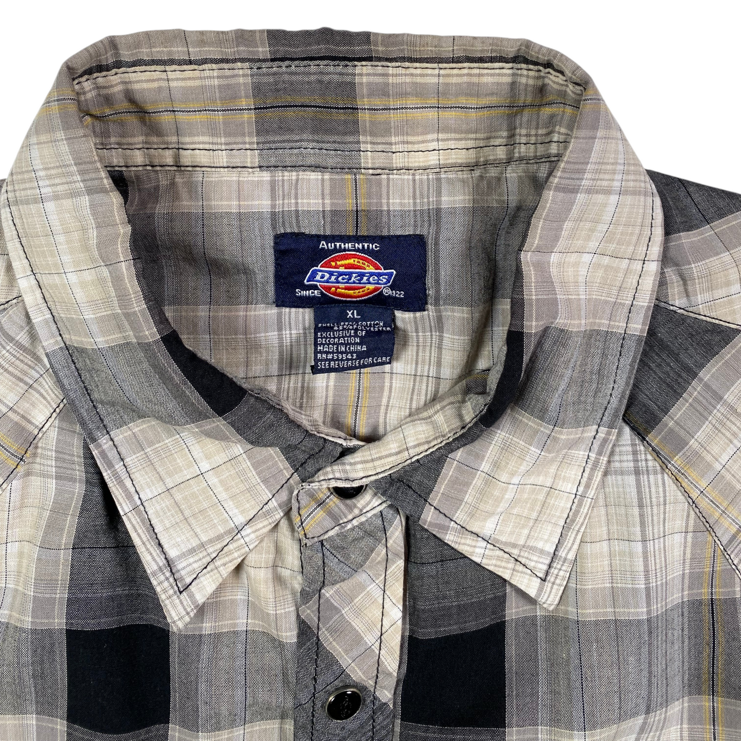 Digg It Thrift & Vintage Dickies plaid short sleeve western snap work shirt in grey and tan, size XL