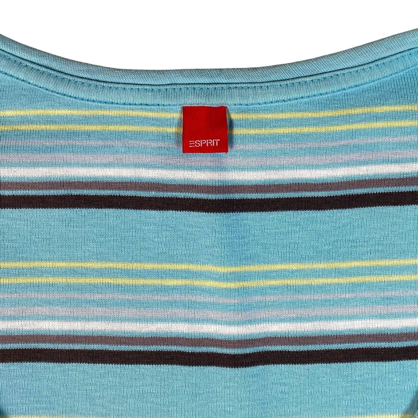 Digg It Thrift & Vintage Esprit aqua blue striped top with a red brand label at the neckline