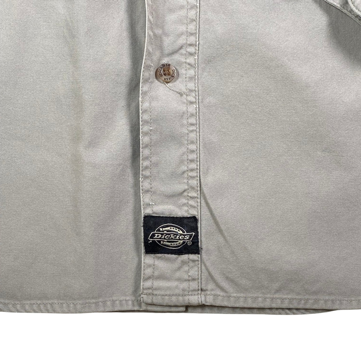 Digg It Thrift & Vintage grey Dickies outdoor shirt featuring a button-down front and branded logo patch