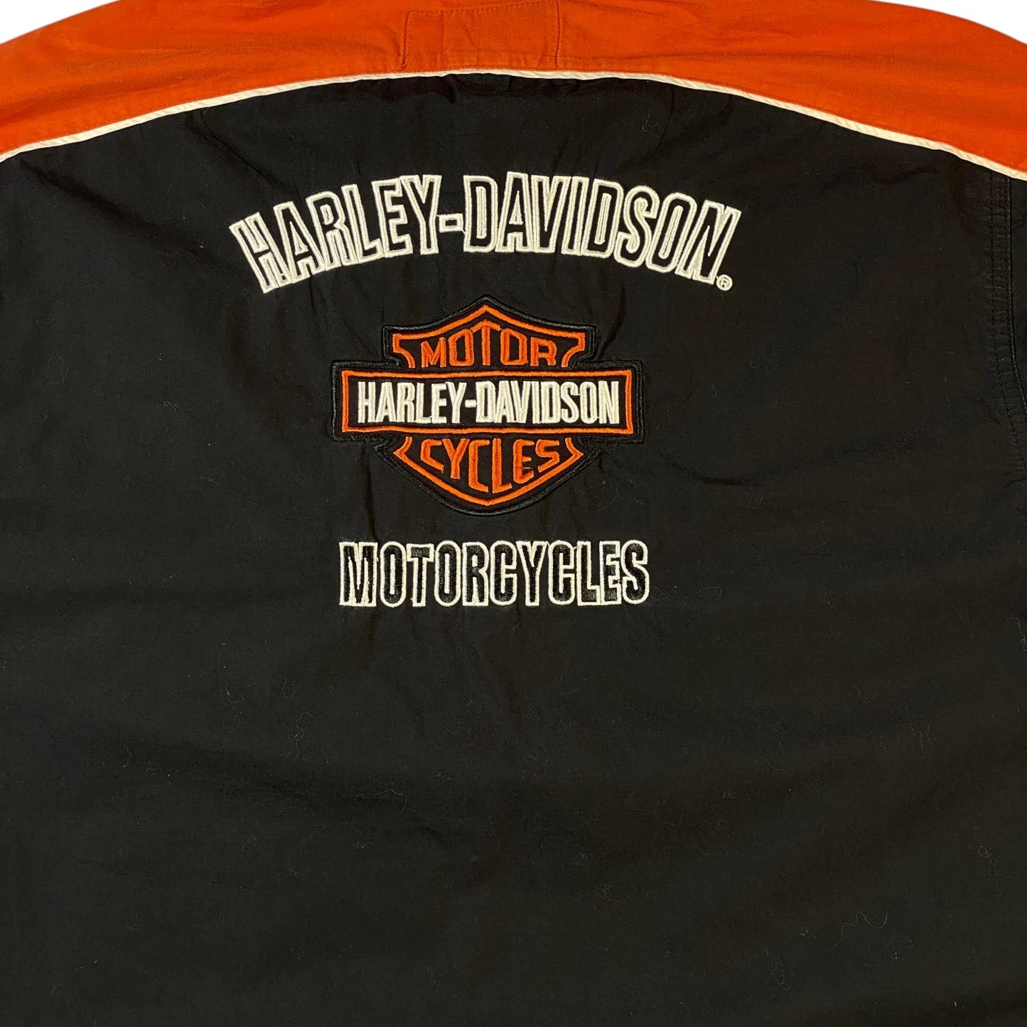 Digg It Thrift & Vintage black and orange Harley-Davidson embroidered mechanic shirt with back logo detail