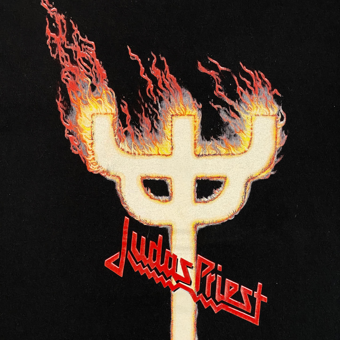 Digg It Thrift & Vintage black Judas Priest British Steel t-shirt featuring a flaming trident graphic print