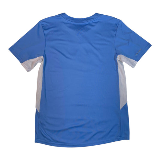 Back view of a Digg It Thrift & Vintage light blue Kansas City Royals MLB Cool Base henley jersey with mesh sides.
