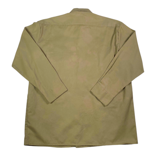 Back view of a vintage Digg It Thrift & Vintage Dickies solid khaki long sleeve work shirt with light staining.