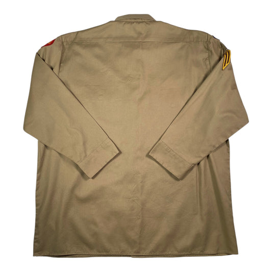 Back view of a Digg It Thrift & Vintage Dickies khaki long sleeve work shirt with Royal Rangers patches