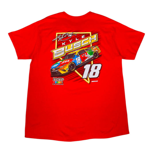 Digg It Thrift & Vintage red Kyle Busch Joe Gibbs Racing M&M’s NASCAR graphic t-shirt with number 18 print