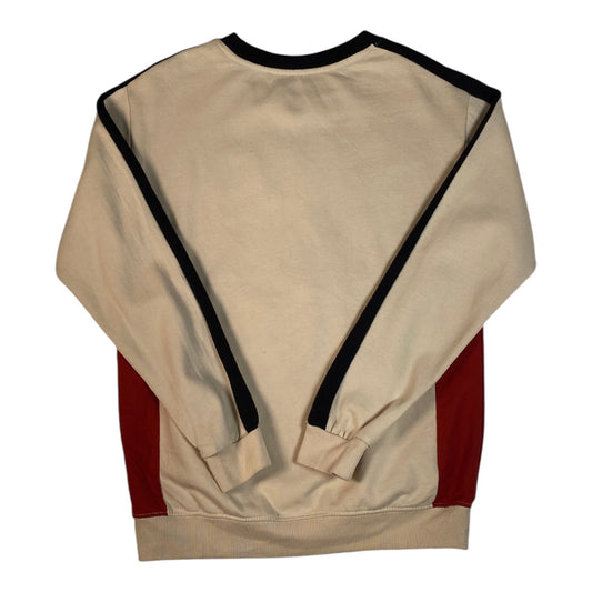 Back view of a Digg It Thrift & Vintage cream, red, and black colorblock NASCAR crewneck sweatshirt.