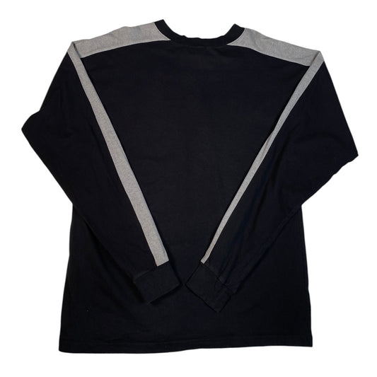 Back view of a black and grey Digg It Thrift & Vintage NASCAR long sleeve racing t-shirt with striped sleeves.