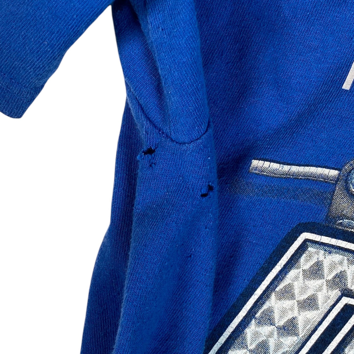 Digg It Thrift & Vintage royal blue Dale Earnhardt Jr. NASCAR t-shirt showing small fabric wear near the underarm