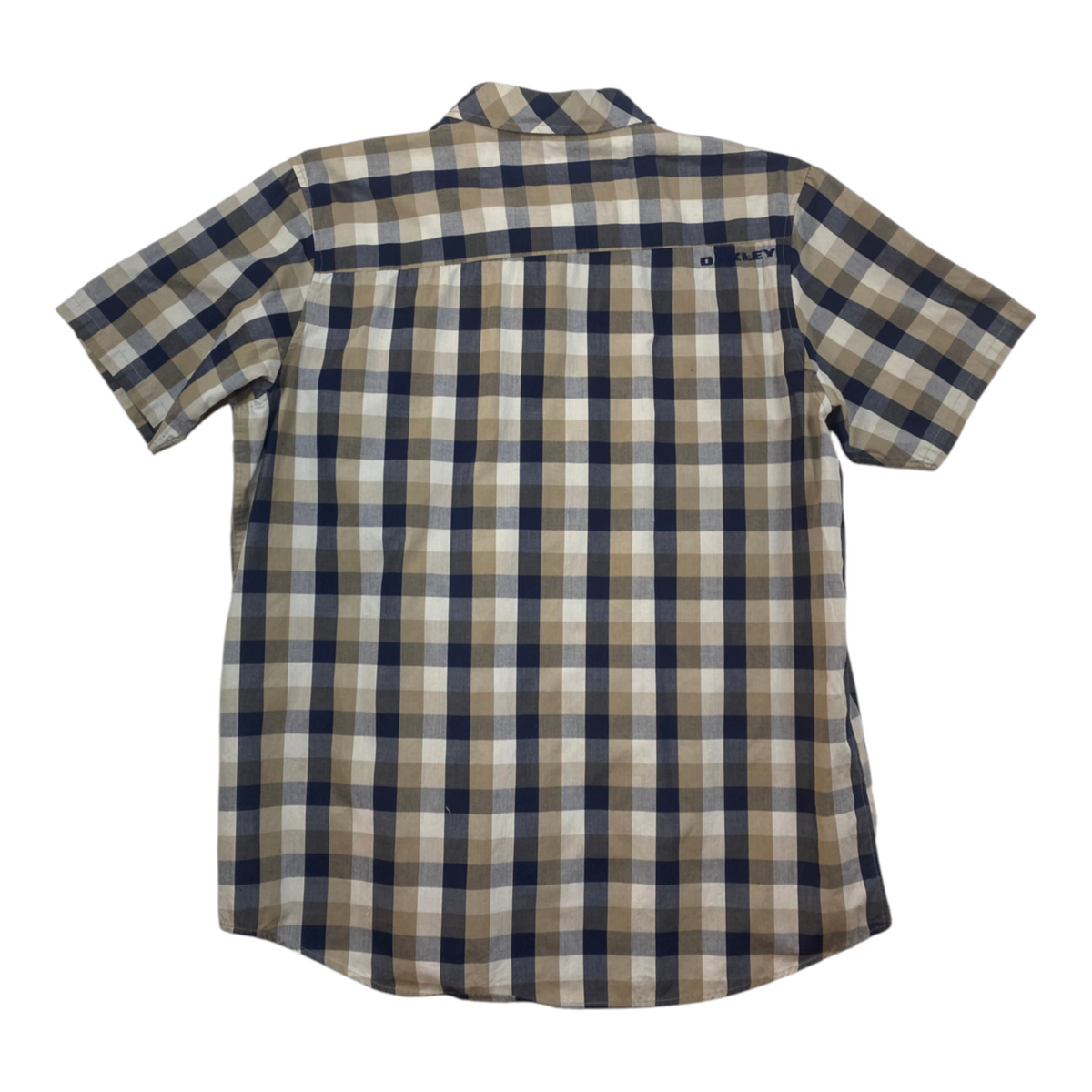 Back view of a Digg It Thrift & Vintage Oakley short sleeve button-up shirt in a beige and navy plaid pattern.