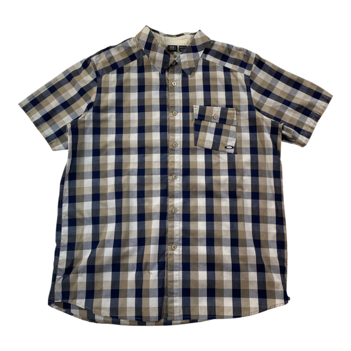 Digg It Thrift & Vintage Oakley beige and navy plaid short sleeve button up shirt with a chest pocket