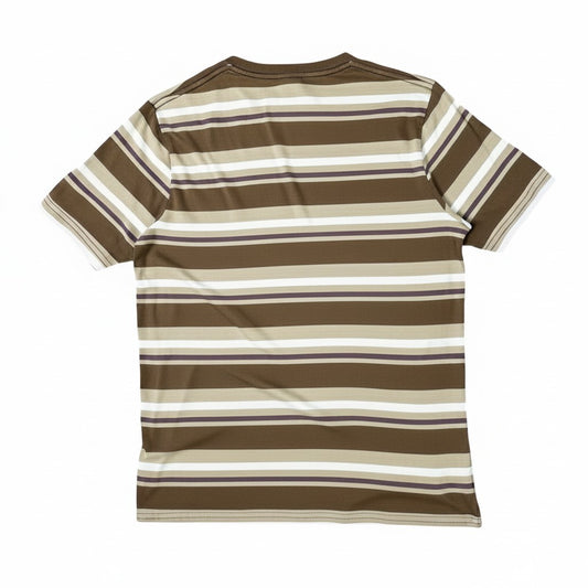 Digg It Thrift & Vintage olive green and beige striped t-shirt with white and purple accents. Short sleeves, crew neck.
