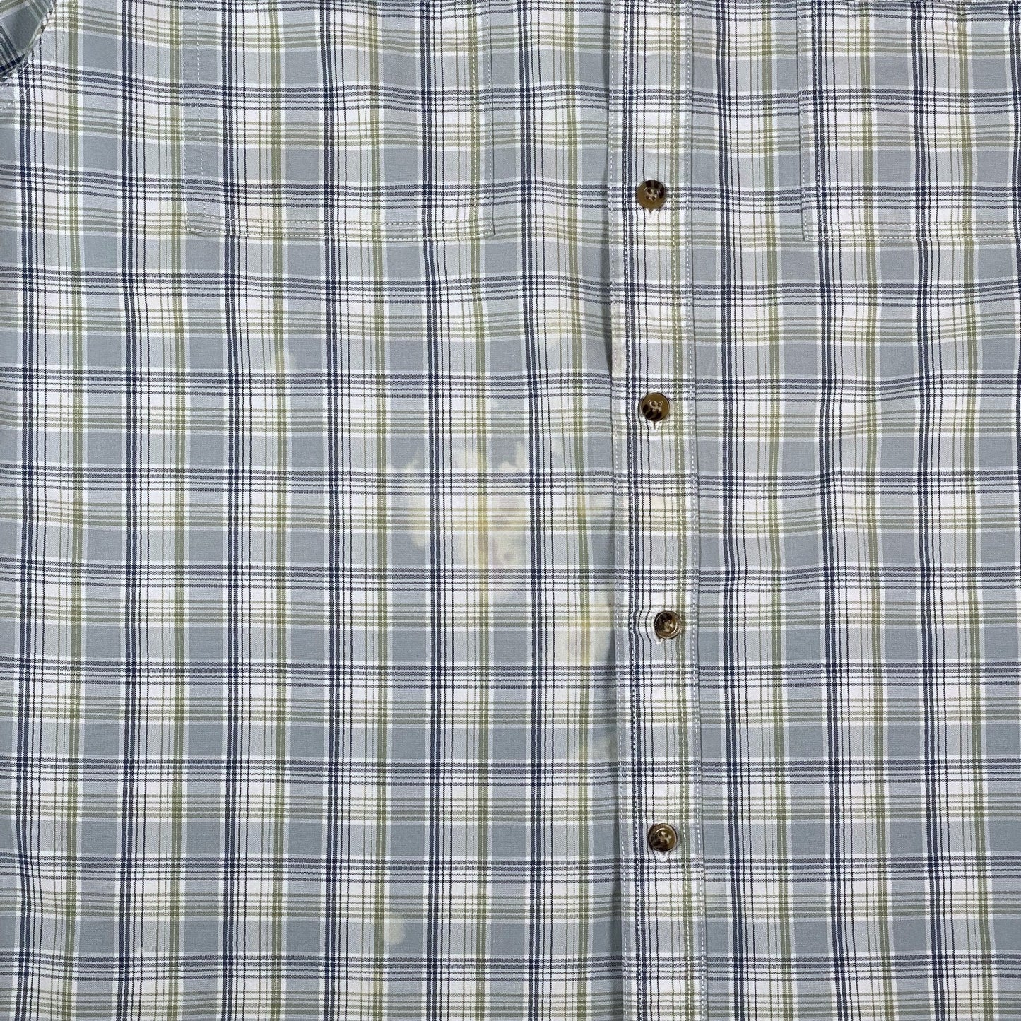 Digg It Thrift & Vintage light blue and sage plaid short sleeve work shirt with button front and visible stain