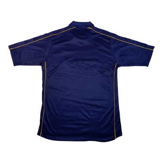 Back view of a vintage 1999-2000 Digg It Thrift & Vintage Puma Wimbledon FC navy blue football shirt with gold trim.
