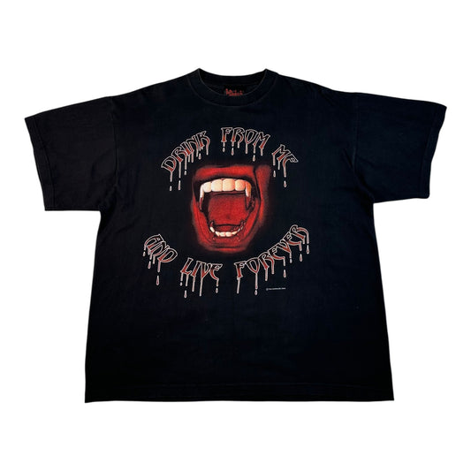 A black short-sleeve graphic t-shirt featuring a large print of an open mouth with fangs and the text 'DONT TREAD ON ME AND LIVE FOREVER' in a dripping font, shown flat against a white background.