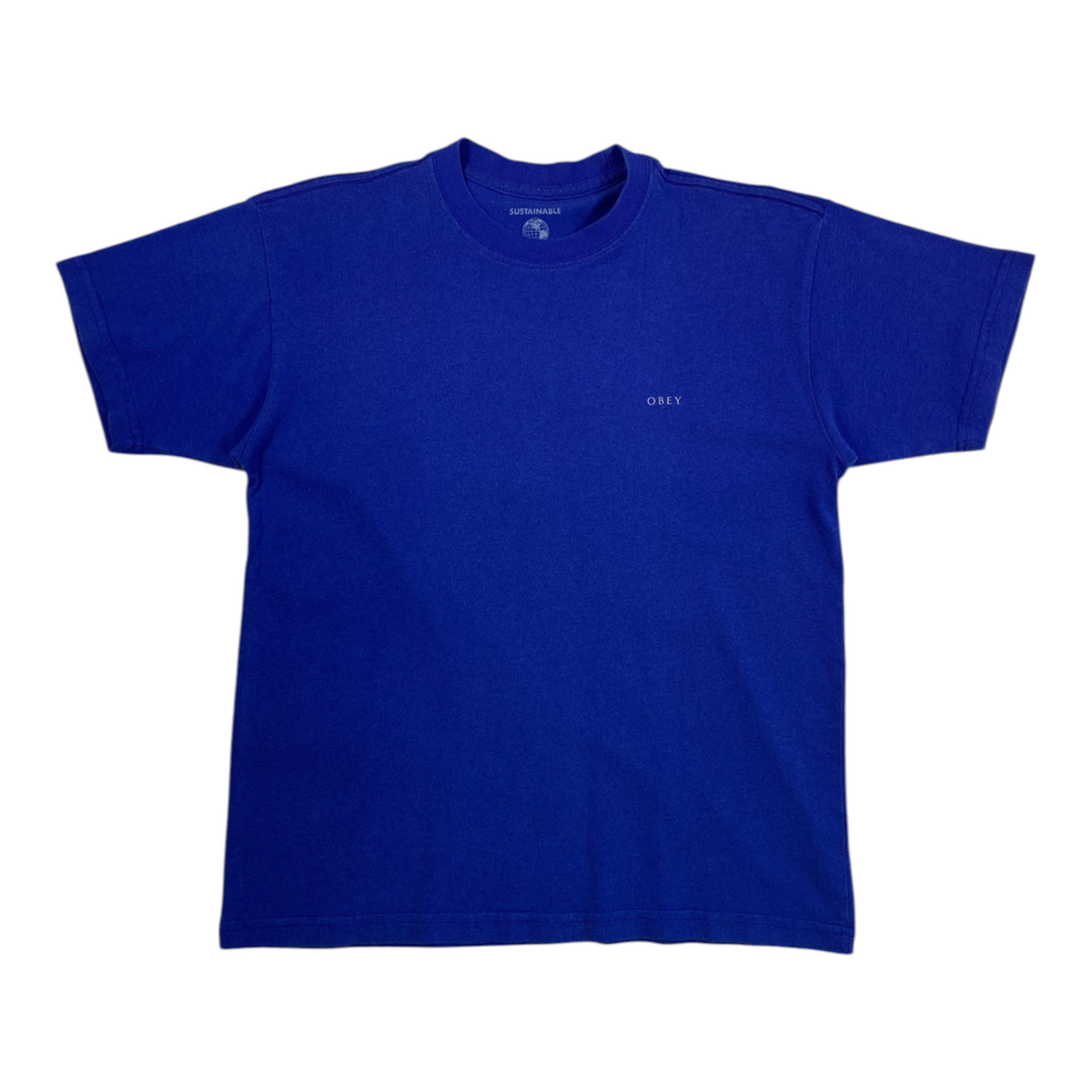 Digg It Thrift & Vintage Obey sustainable royal blue minimalist t-shirt with small chest logo, size medium