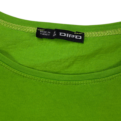 Digg It Thrift & Vintage lime green Dipo brand t-shirt neck label showing made in Turkey