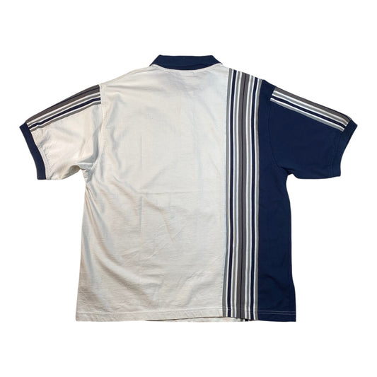 A short-sleeve athletic jersey shown from the back, featuring a white body, navy blue collar and sleeve, and vertical stripes running down the center and across the sleeves.