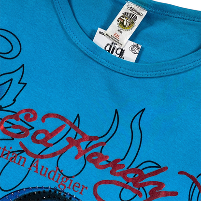Digg It Thrift & Vintage turquoise Ed Hardy by Christian Audigier t-shirt with red logo and rhinestone skull detail