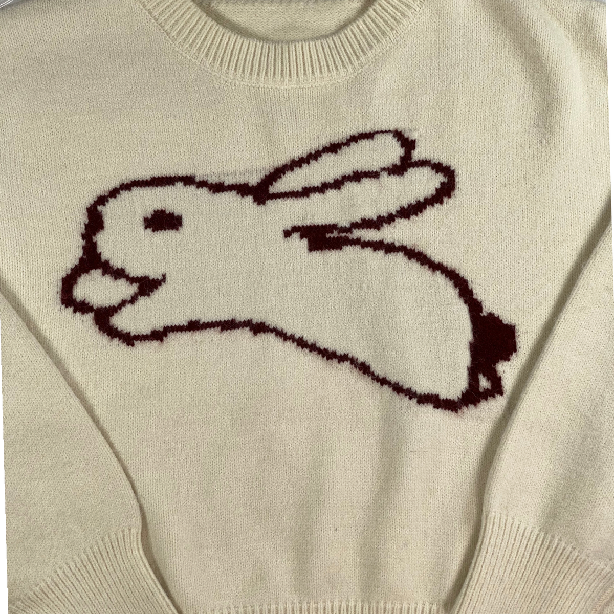Digg It Thrift & Vintage cream knit sweater featuring a dark brown intarsia jumping rabbit design, size XL fit