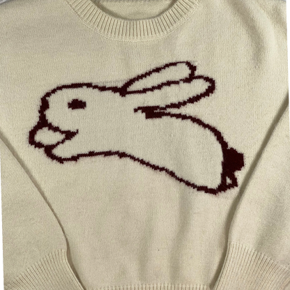 Digg It Thrift & Vintage cream knit sweater featuring a dark brown intarsia jumping rabbit design, size XL fit
