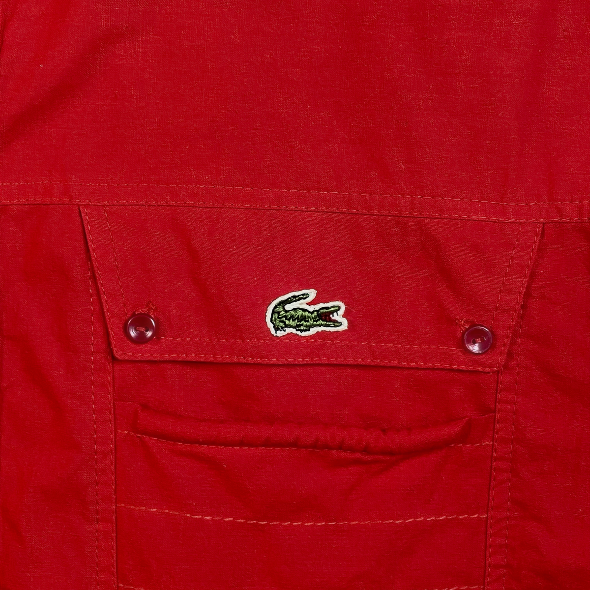 Digg It Thrift & Vintage red Lacoste safari utility shirt with a buttoned chest pocket and embroidered logo