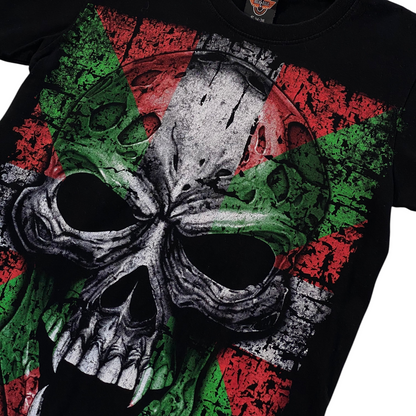Digg It Thrift & Vintage Rock Eagle black t-shirt featuring a Basque flag skull graphic, size small.