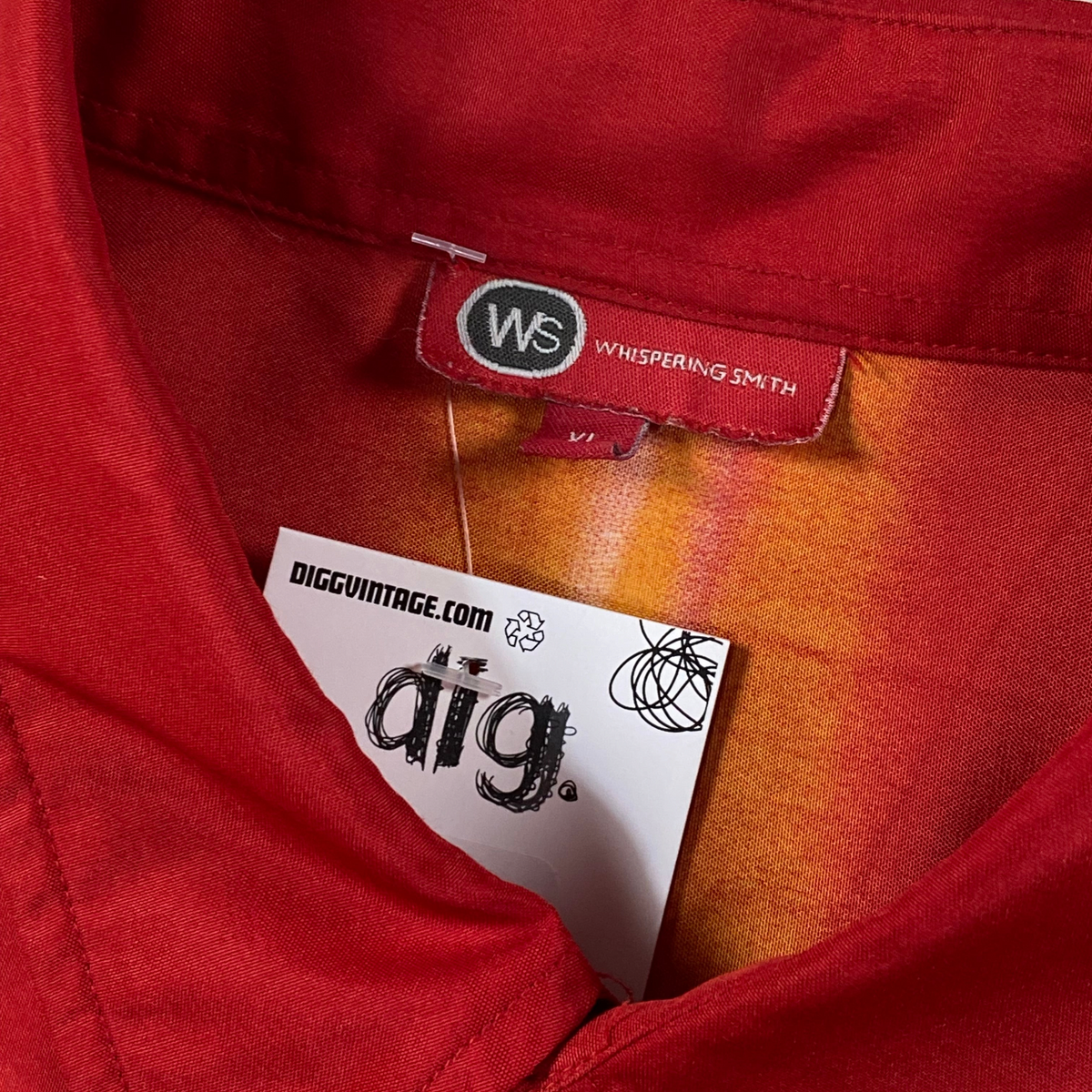 Digg It Thrift & Vintage Whispering Smith red and orange short sleeve shirt with anime samurai graphic detail