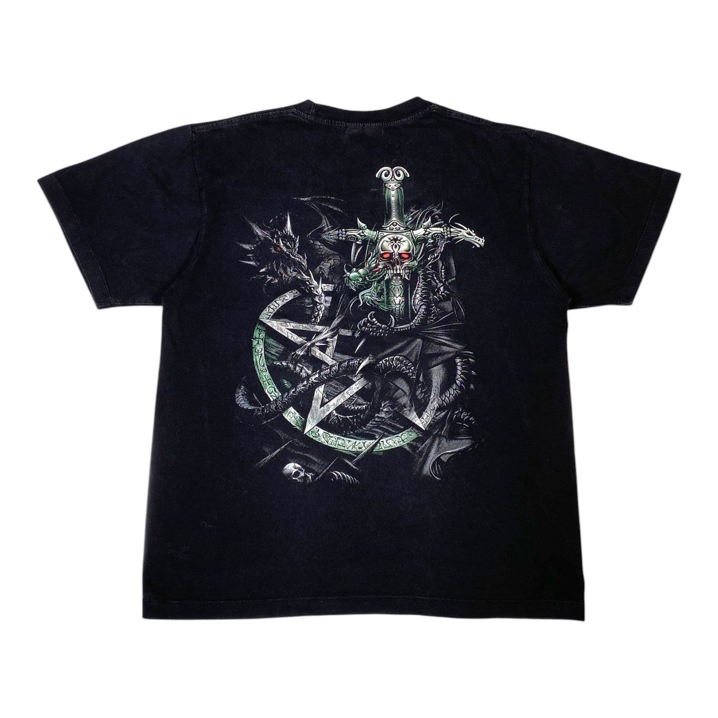 A black short-sleeve t-shirt with a large graphic print on the back featuring a gothic-style illustration of a dragon, a sword, and a pentagram in shades of green, gray, and white.