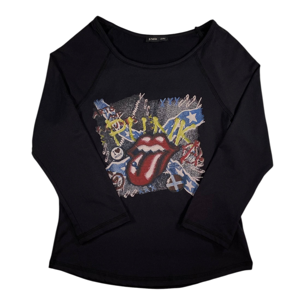 Digg It Thrift & Vintage black raglan top featuring a punk tongue graphic print, size XS