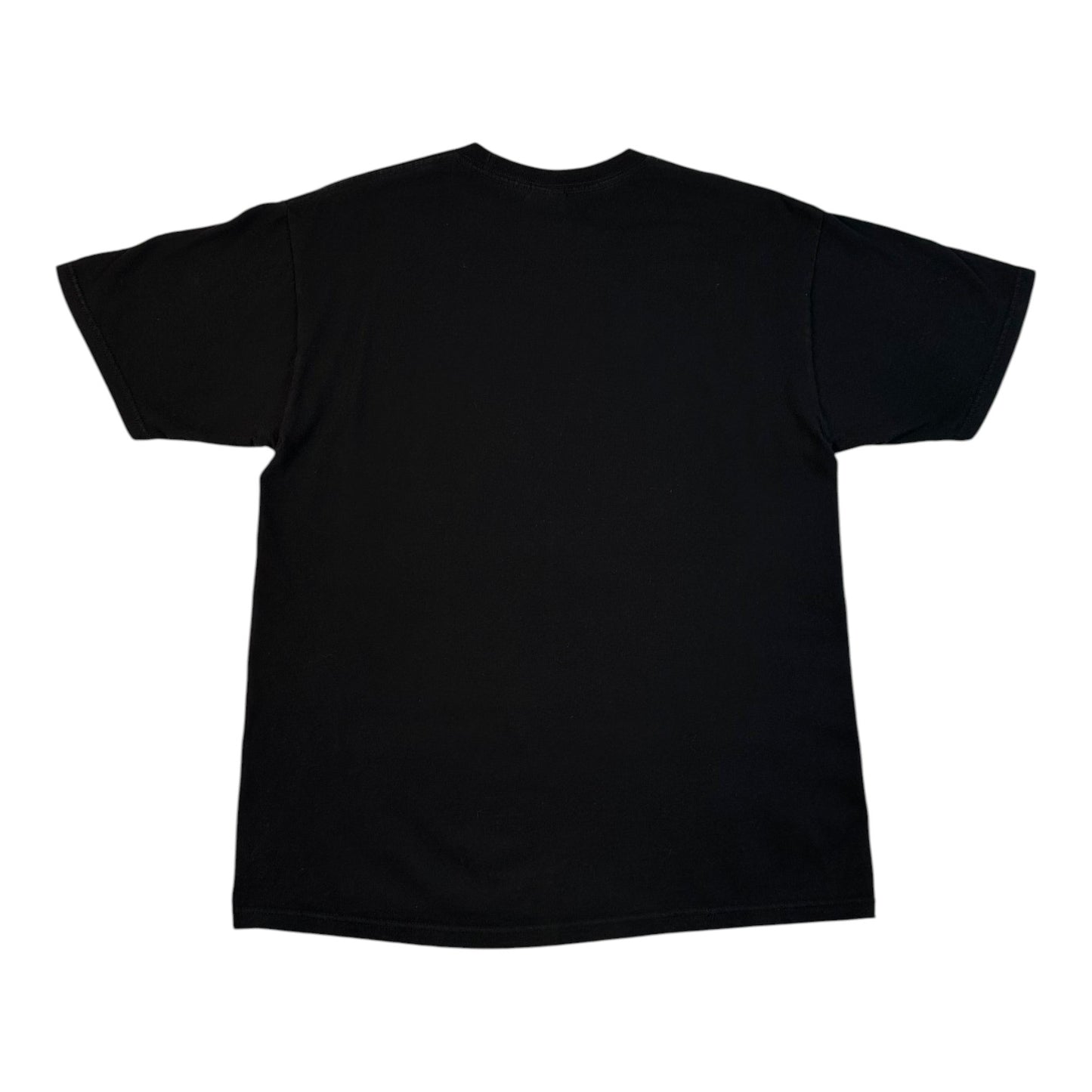 A plain black short-sleeve crewneck t-shirt shown from the back, laid flat against a solid white background.