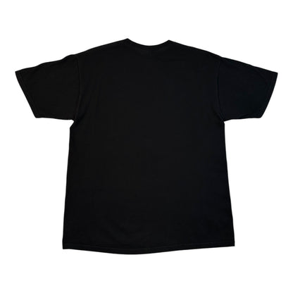A plain black short-sleeve crewneck t-shirt shown from the back, laid flat against a solid white background.