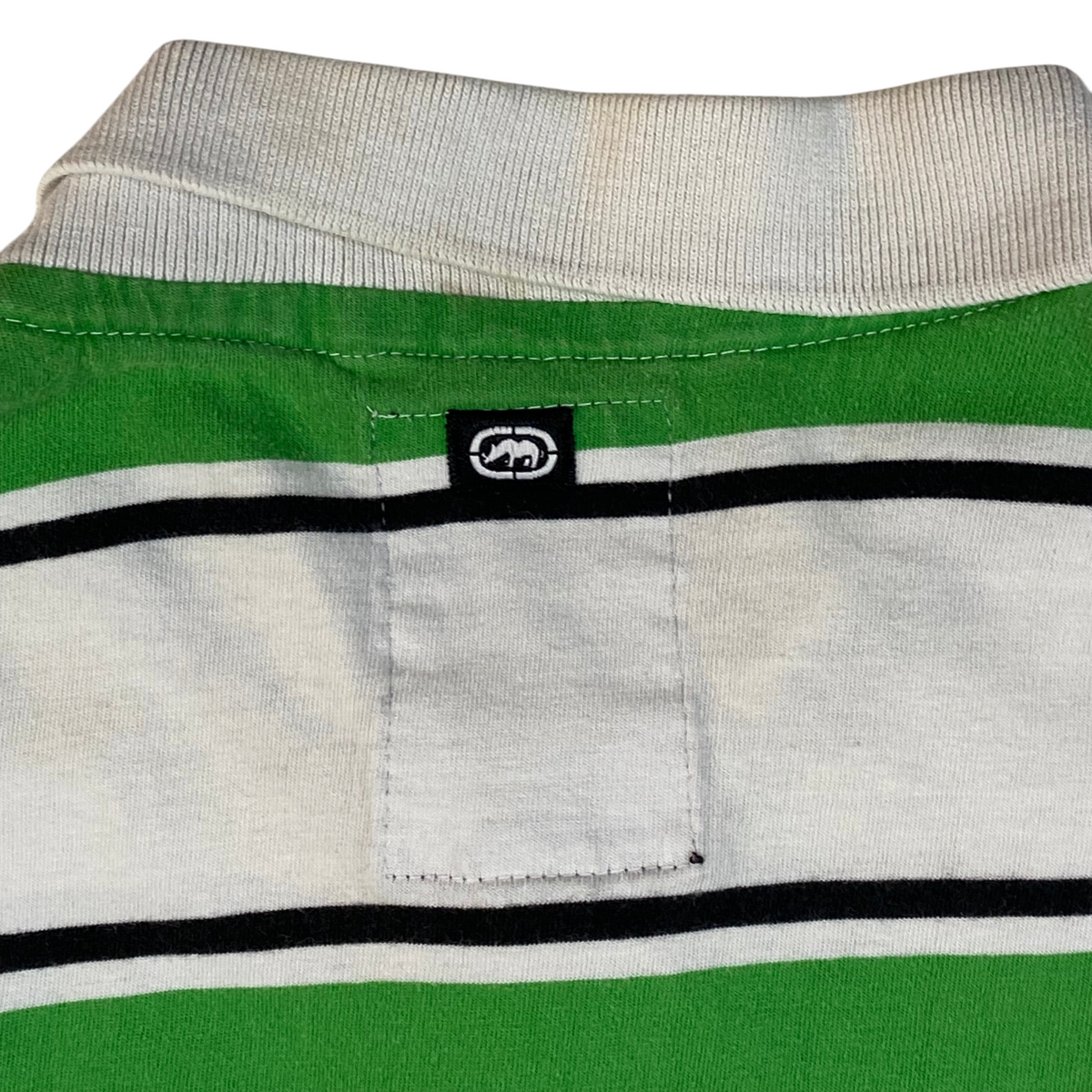 Digg It Thrift & Vintage Eckō Unltd. green and white striped polo shirt with rhino logo embroidery on collar tag