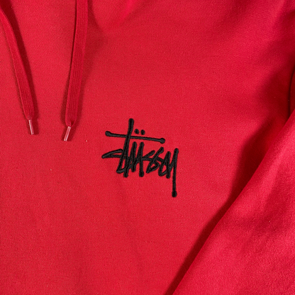 Digg It Thrift & Vintage red Stüssy pullover hoodie featuring a black embroidered logo on the chest