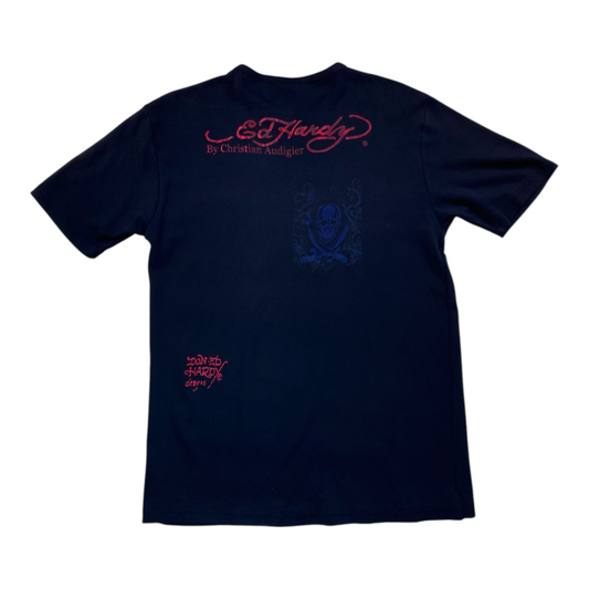 Digg It Thrift & Vintage Ed Hardy black t-shirt featuring a rhinestone skull and swords graphic and red logo print.