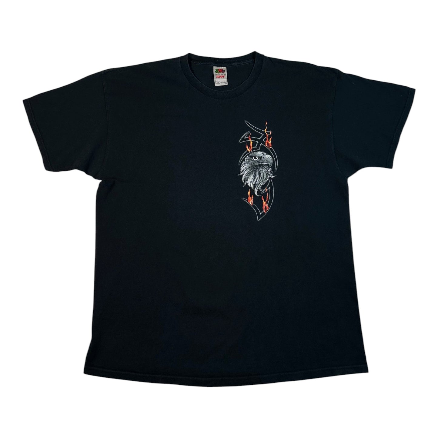 A black short-sleeve crewneck t-shirt featuring a graphic print of a bearded man with a bow and arrow on the left chest, with small red accents, shown against a plain white background.