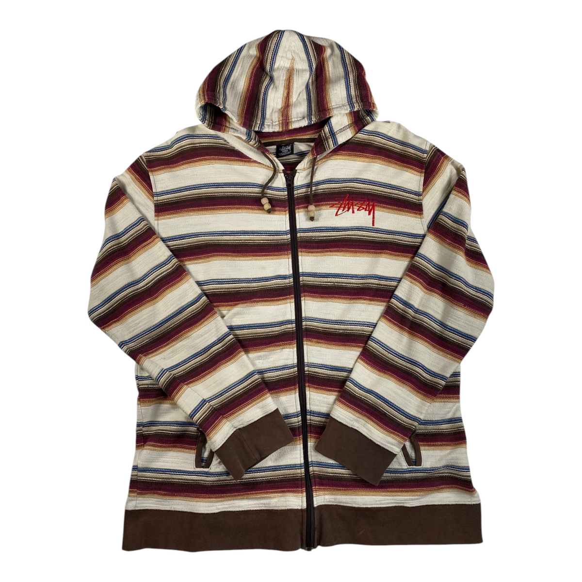 Digg It Thrift & Vintage Stüssy vintage Baja striped full-zip hoodie with wooden bead drawstring in cream and brown