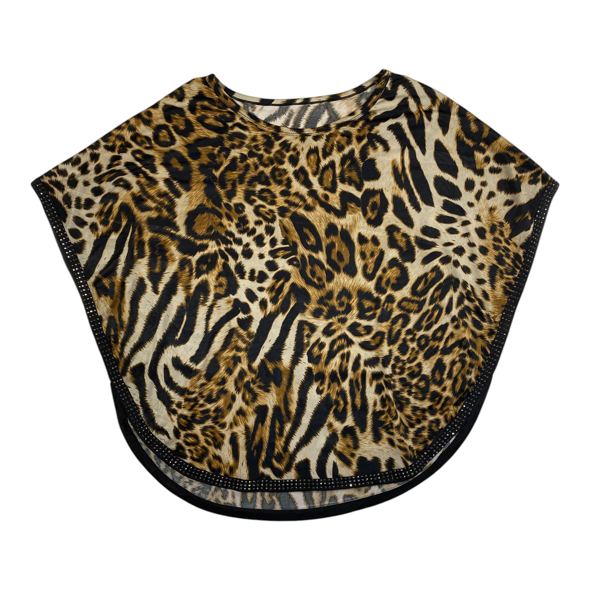 Digg It Thrift & Vintage animal print poncho top with black rhinestone trim and wide arm openings, size XS