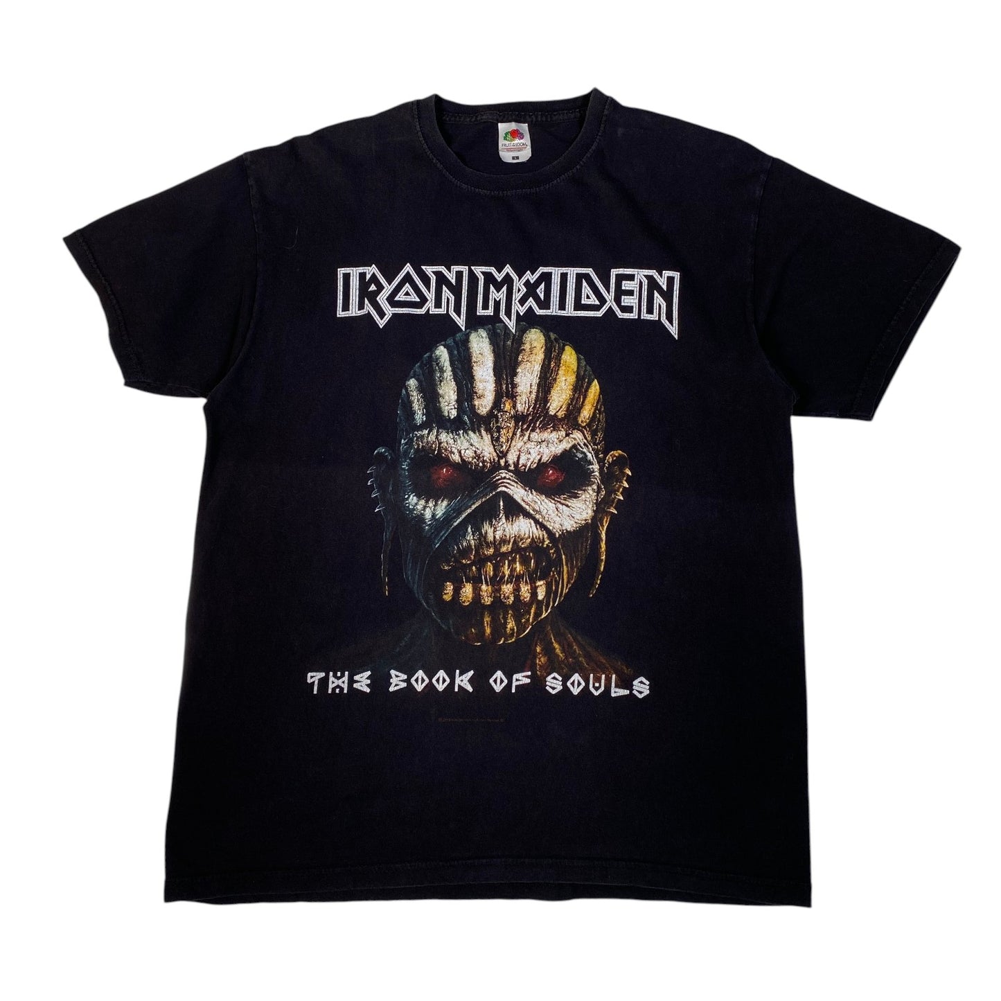A black Iron Maiden 'The Book of Souls' graphic t-shirt featuring the band's logo and Eddie's skull illustration on a white background.