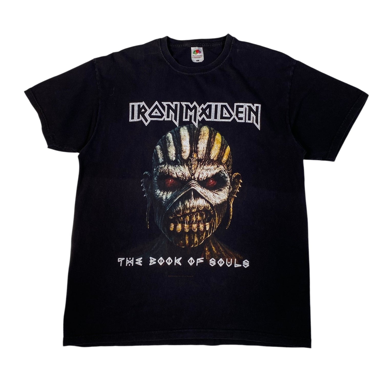 A black Iron Maiden 'The Book of Souls' graphic t-shirt featuring the band's logo and Eddie's skull illustration on a white background.