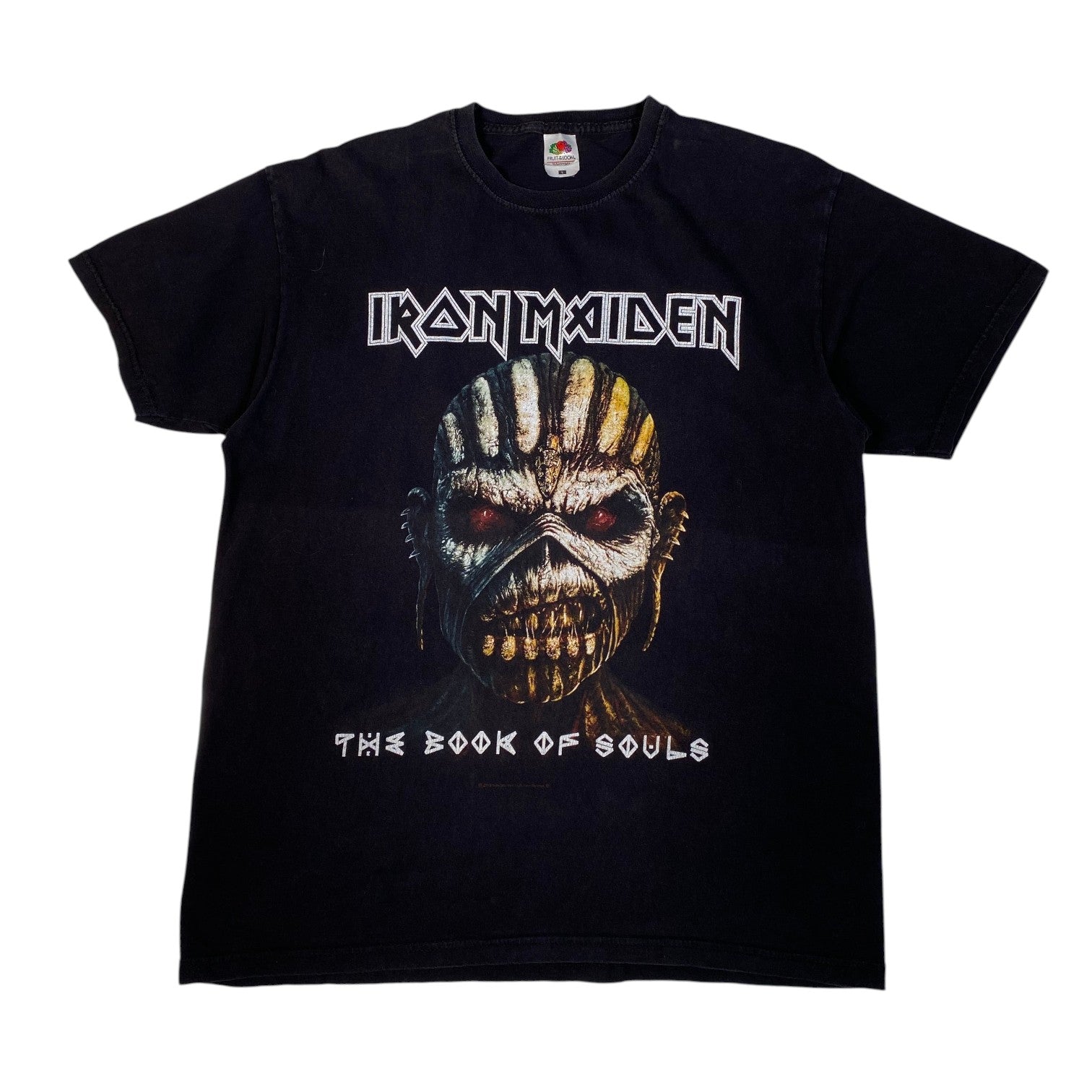 A black Iron Maiden 'The Book of Souls' graphic t-shirt featuring the band's logo and Eddie's skull illustration on a white background.