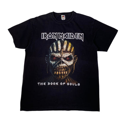 A black Iron Maiden 'The Book of Souls' graphic t-shirt featuring the band's logo and Eddie's skull illustration on a white background.