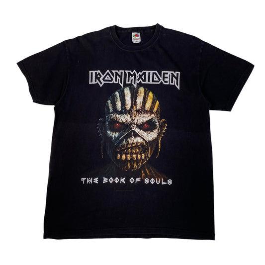 A black Iron Maiden 'The Book of Souls' graphic t-shirt featuring the band's logo and Eddie's skull illustration on a white background.