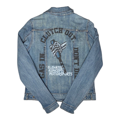 Digg It Thrift & Vintage custom light wash denim trucker jacket with Elevated Koncepts Motorsports back graphic