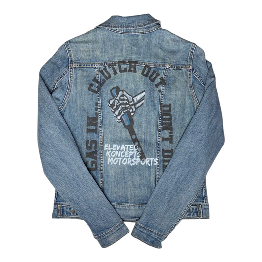 Digg It Thrift & Vintage custom light wash denim trucker jacket with Elevated Koncepts Motorsports back graphic
